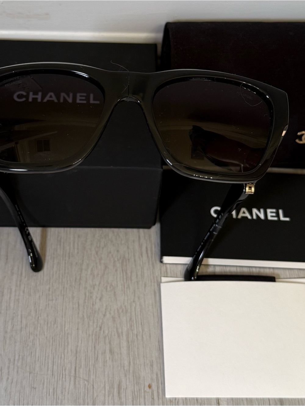 CHANEL 6055-B Black Square Polarized Gray Women's Foldable Sunglasses Crystals